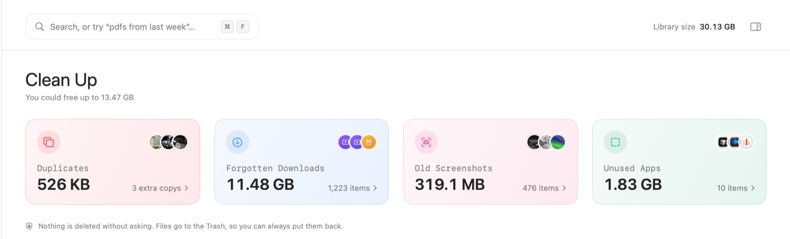 Clean Up view with cards for Duplicates, Forgotten Downloads, Old Screenshots and Unused Apps