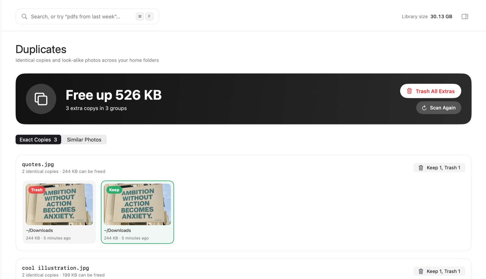 Duplicates view with a Free up banner, and pairs of identical images marked Keep and Trash