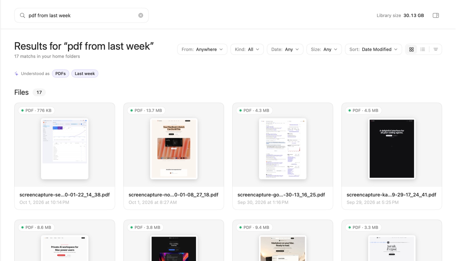 Search results for “pdf from last week”, understood as PDFs and Last week, showing 17 PDF thumbnails